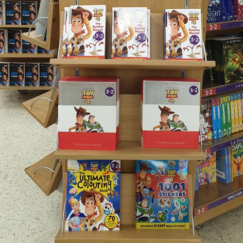 Toy Story 4 movie tie-in books featured on an endcap in WH Smiths.