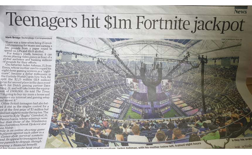 The Times ran a full page story on the Fortnite World Cup.