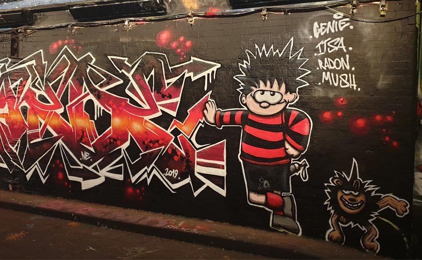 Dennis the Menace and Gnasher are gracing the walls of SE1's Leake Street.