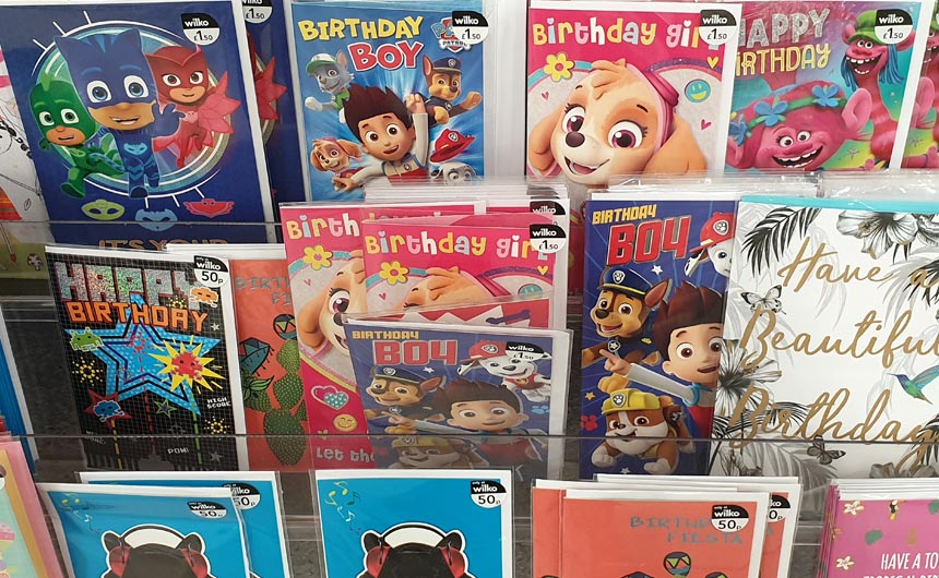 Licensing makes a big splash in Wilko's greeting cards section.