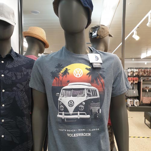 A VW Camper t-shirt was on display in the adult clothing department.