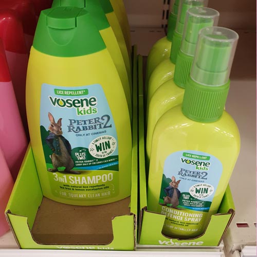 Vosene Kids shampoo featured an on-pack Peter Rabbit 2 promotion.