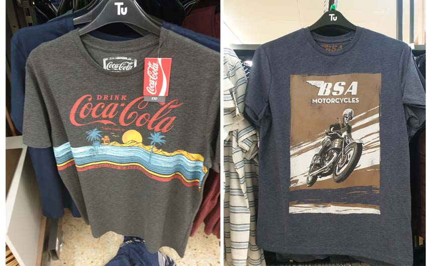 Brands featured in Sainsbury's on men's t-shirts included Coca-Cola and BSA.