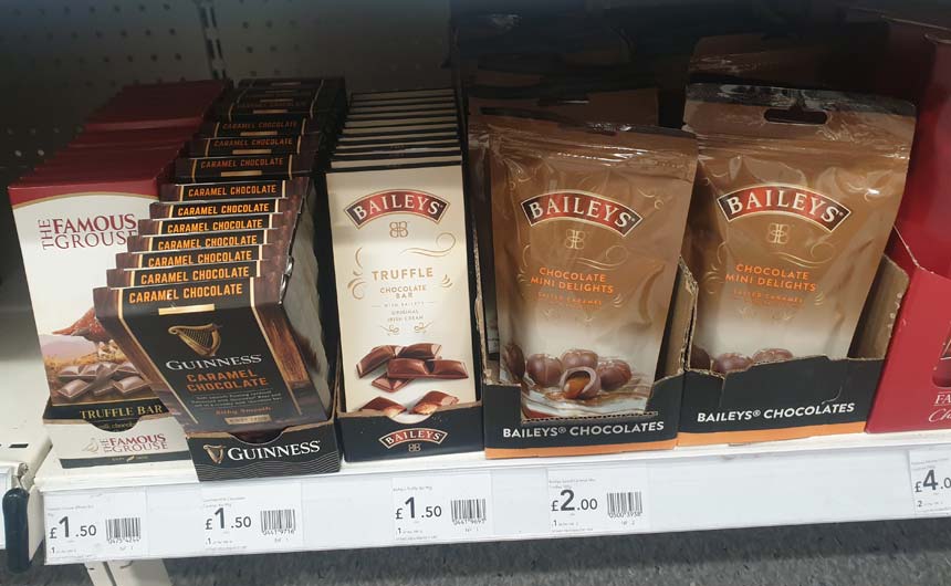 Drinks brands such as Baileys and Guinness featured in Wilko with flavoured confectionery.