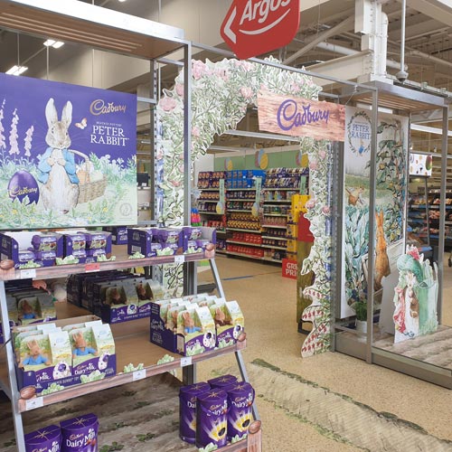 The Peter Rabbit arch-shaped display greeted customers to Sainsbury's.