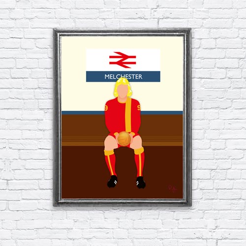 Roy of the Rovers is seen waiting at Melchester train station in a print from PrintsbyPablo.