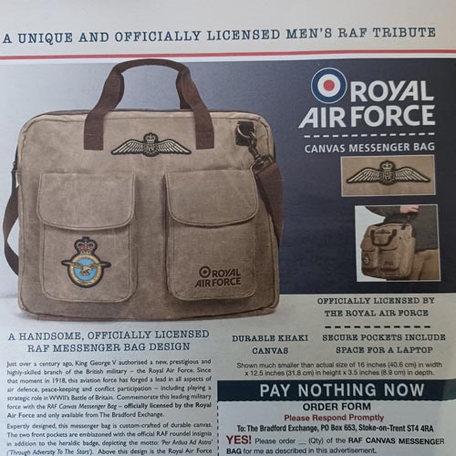 Bradford Exchange was promoting an officially licensed Royal Air Force canvas messenger bag.