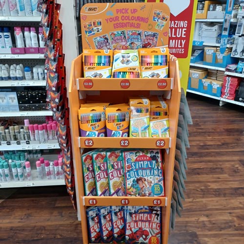 A BIC-branded FSDU mixed pens with colouring books in Poundland.