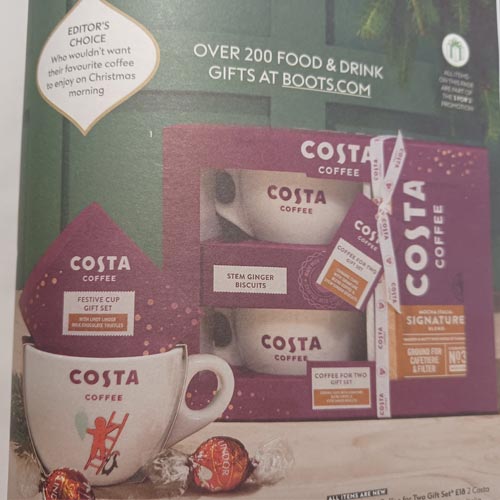 Costa is among the licensed food gifting offer in the Boots catalogue.