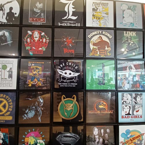 The store had retained the popular t-shirt wall which included a number of licensed brands.