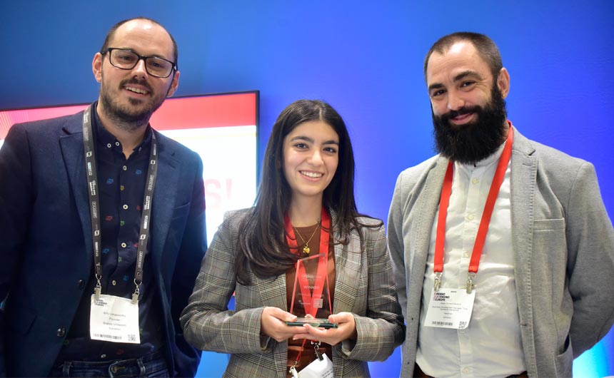 Mojo Nation's Billy Langsworthy (left) and Aardman's Adam Vincent-Garland (right) with Product Design winner Penny Kyriacou.