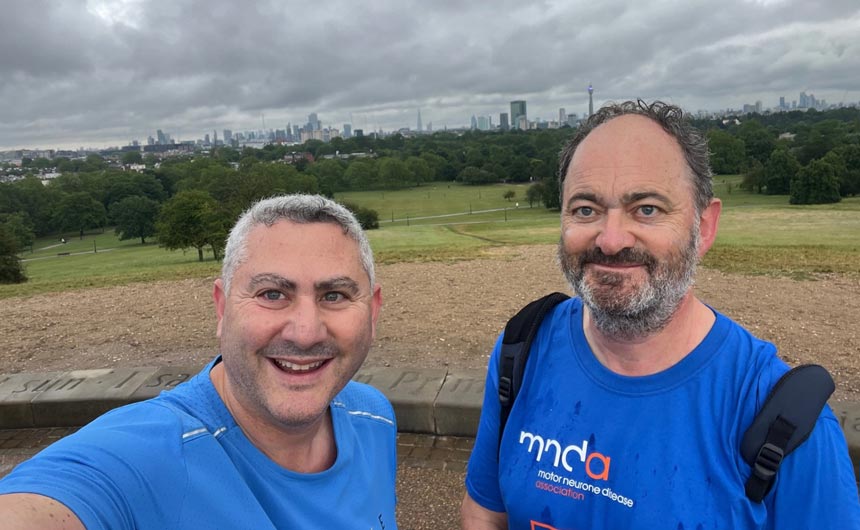 Daniel Prince (left), md of Danilo, and Ian on last week's Cardgains 25-mile walk in aid of MNDA.